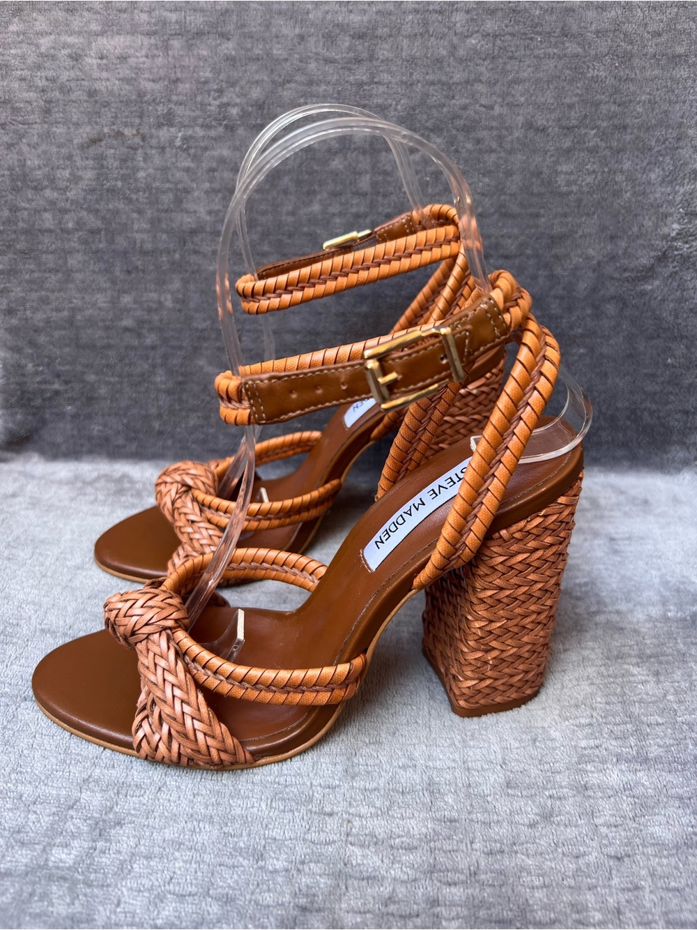 Steve Madden Malou Heels Sz 6.5 M Cognac Braided Block Heel Sandals Vegan - Picture 15 of 15